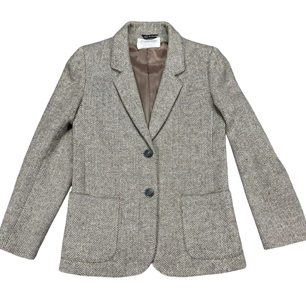 Vintage Jimmy Hourihan Blazer Womens 8 Brown Tweed Pure Wool Herringbone Ireland